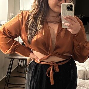 Lush Brown Tie-Front Blouse